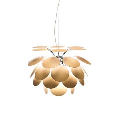Discocó Pendelleuchte: Moderne LED Lampe mit goldenen Scheiben für stilvolle Beleuchtung.